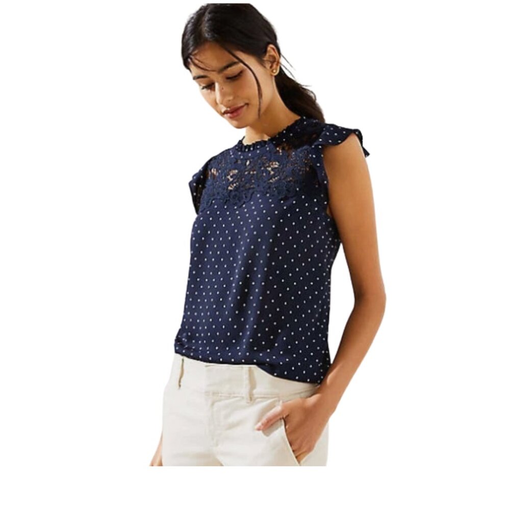 Loft Cap Flutter Sleeve Navy Top with White Polka Dots Lace Details Size Small